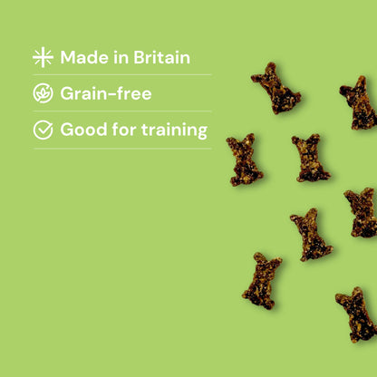 Gourmet Lamb Bunnies (200g) limited ingredient dog treats, bone-shaped, with benefits shown on the left.