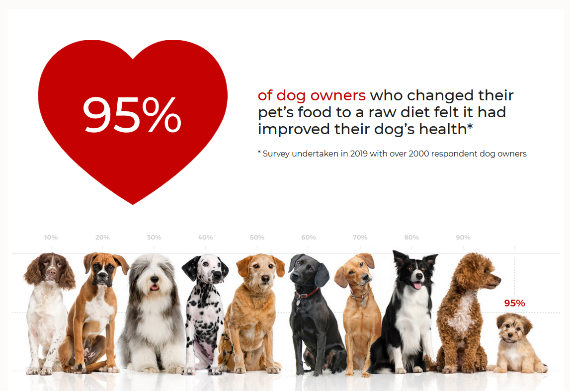 The results of a study on dog owners who have changed their pet's diet to raw food are presented.