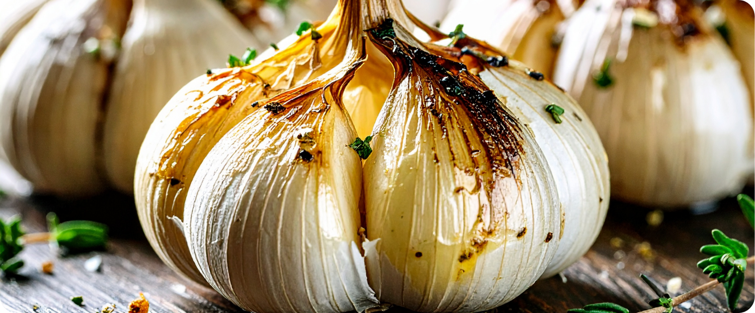 Close-up of roasted garlic bulbs with herbs and seasoning on a wooden surface.