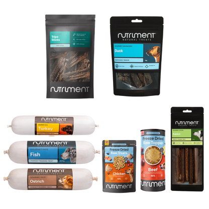 Dog Dad's Treat Jar: gourmet sticks, rolls, and freeze-dried dog treats in assorted flavors.