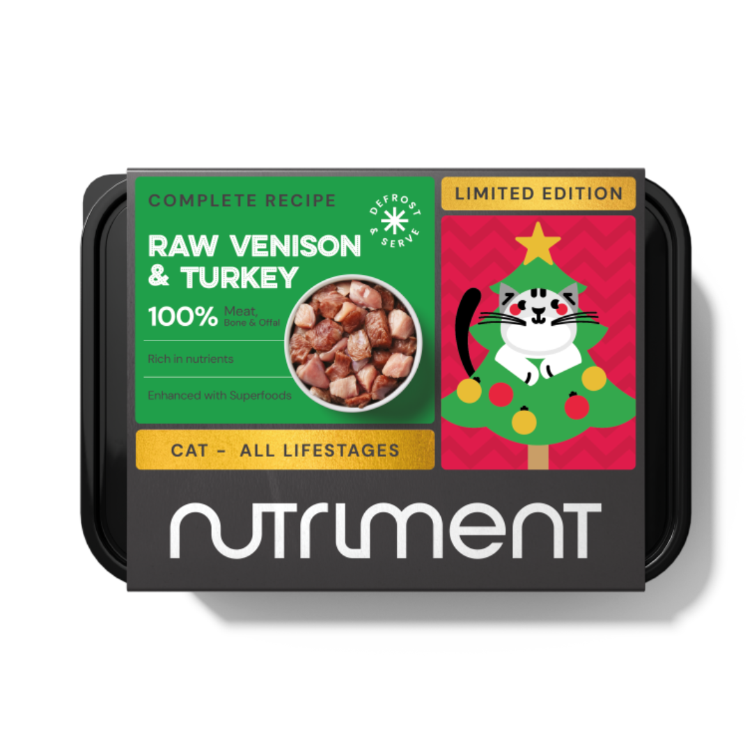 Cat Raw Venison & Turkey 500g - Christmas Limited Edition with festive cat and tree packaging.