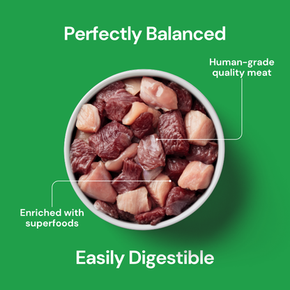 A bowl of Cat Raw Venison & Turkey 500g - Christmas Limited Edition on a green background.