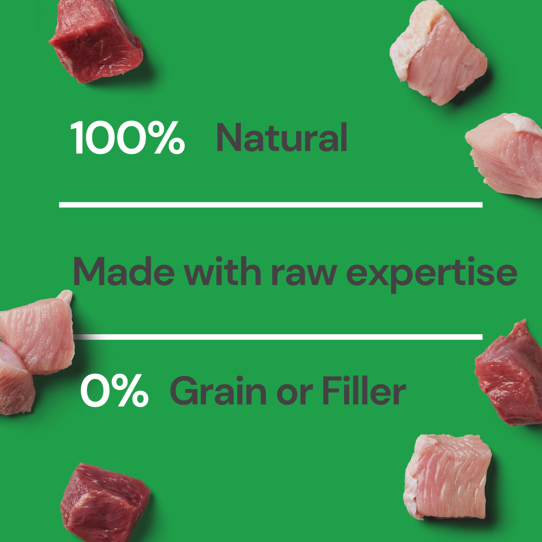 Chunks of raw meat frame text on green for Cat Raw Venison & Turkey 500g—Christmas Limited Edition, grain free.