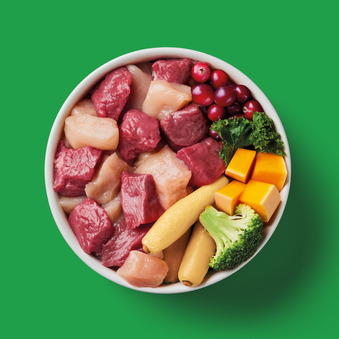 A bowl of Raw Venison & Turkey 500g - Christmas Limited Edition with veggies, berries, and broccoli.