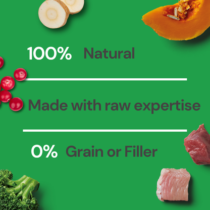 Green background with veggies, meat, and text: "Raw Venison & Turkey 500g – Christmas Limited Edition. 0% Grain.